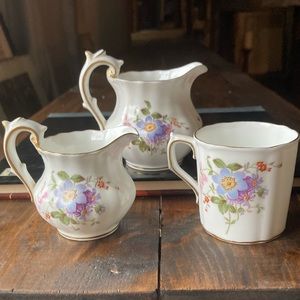 Royal Crown Derby Creamers & Cup - Derby Posies Pattern in Purple & Pink